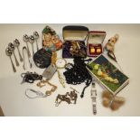 A BOX OF COLLECTABLES TO INCLUDE POSTCARDS, ALBERT CHAIN ETC