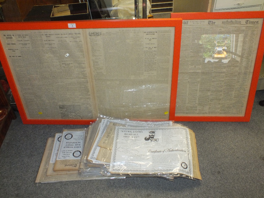 TWO MODERN FRAMED NEWSPAPER CUTTINGS TOGETHER WITH A QUANTITY OF LOOSE EXAMPLES WITH CERTIFICATES