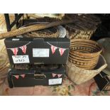 A LARGE QUANTITY OF WICKER WARE TO INCLUDE LAUNDRY BASKET, BEATERS ETC