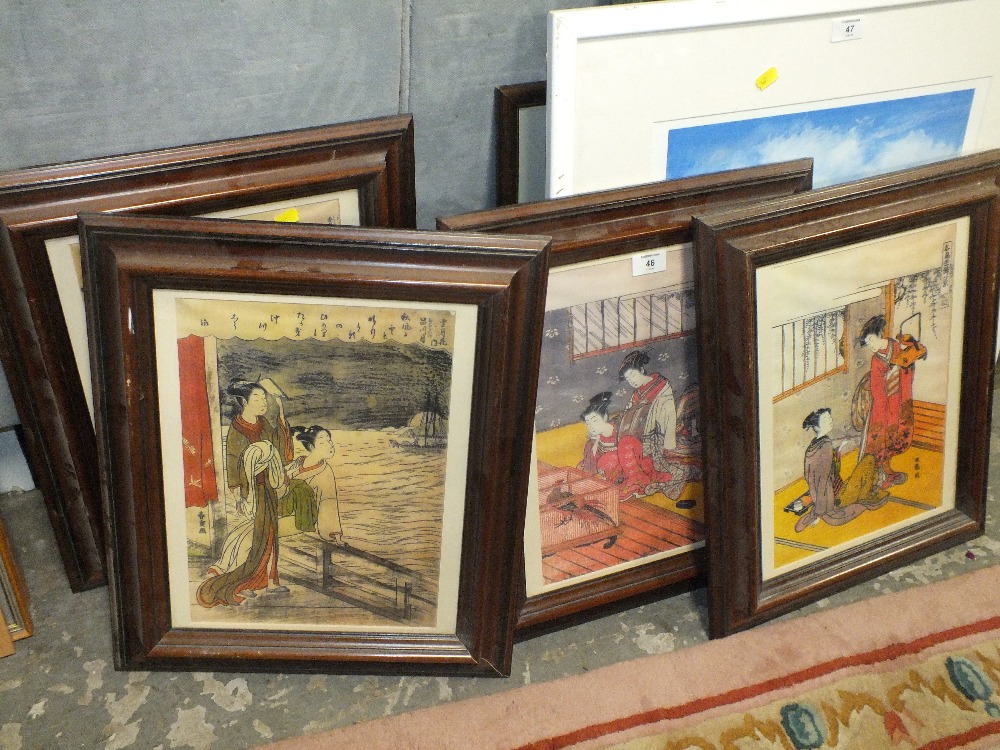 A SET OF FOUR JAPANESE COLOURED PRINTS, depicting Geisha, framed and glazed, 36 x 25 cm (4)Condition