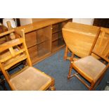 AN OAK DROPLEAF TABLE, OAK GLAZED BOOKCASE AND FOUR ASSORTED CHAIRS