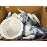 A BOX OF BLUE AND WHITE CHINA TO INCLUDE BOOTH'S ETC