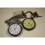 A J N MASTERS LTD HALLMARKED SILVER OPEN FACED POCKET WATCH ON SILVER CHAIN, TOGETHER WITH ANOTHER