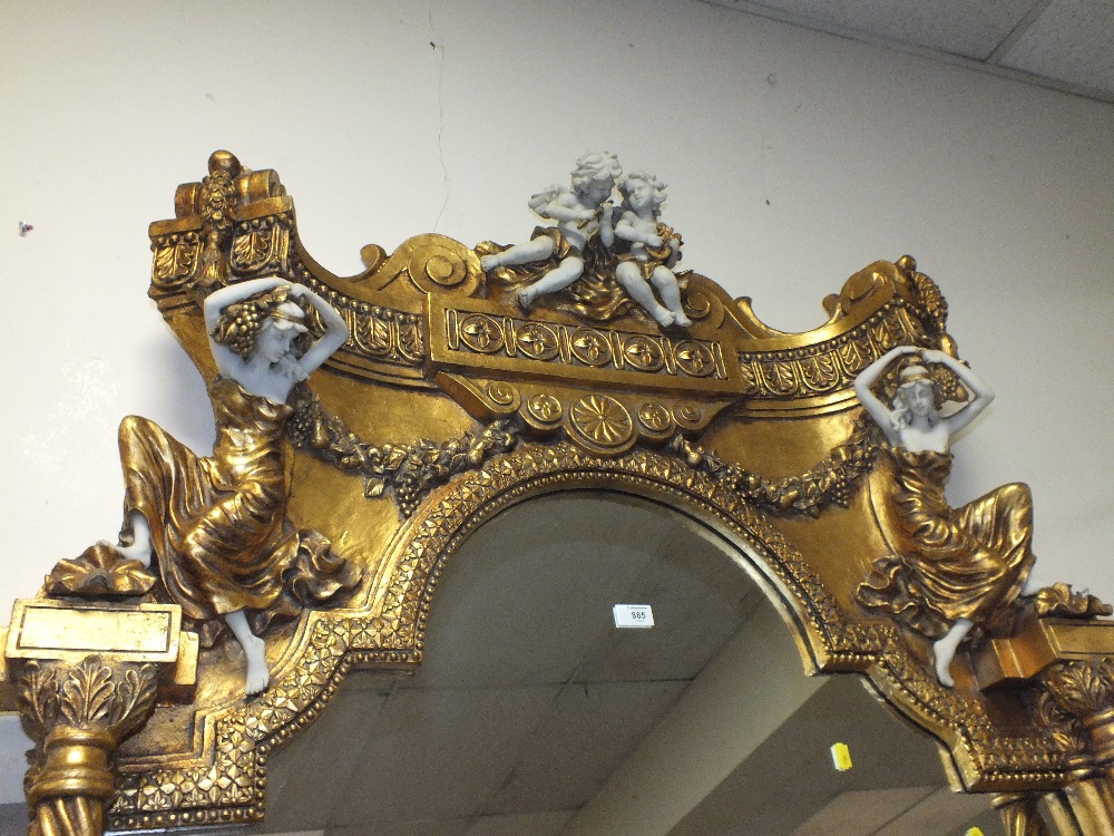 A HUGE GILT MARBLE TOPPED CONSOLE TABLE WITH MIRROR, DECORATED WITH FIGURATIVE CHERUBIC DETAIL - H - Image 4 of 4