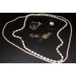 A BAG OF CULTURED PEARL NECKLACES, SILVER JEWELLERY ETC