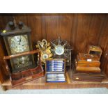 A COLLECTION OF TREEN ETC TO INCLUDE WALL CLOCK, LIDDED BOXES ETC