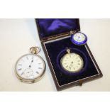 A SILVER POCKET WATCH TOGETHER WITH AN ENAMELLED SILVER FOB AND ANOTHER (3)