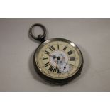 A HALLMARKED SILVER POCKET WATCH WITH FLORAL ENAMEL DIAL