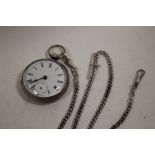 AN ANTIQUE SILVER POCKET WATCH AND SILVER DOUBLE ALBERT CHAIN