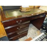 A MODERN MAHOGANY LEATHER TOPPED SINGLE PEDESTAL DESK - W 121 CM