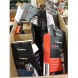 A BOX OF ASSORTED ELECTRICALS TO INCLUDE TRIMMERS, STRAIGHTENERS ETC A/F
