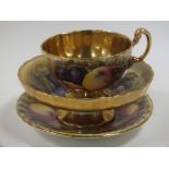 AN AYNSLEY ORCHARD GOLD CUP AND SAUCER WITH GILT INTERIOR TOGETHER WITH A SIMILAR SMALL FOOTED DISH