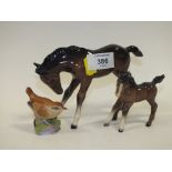 TWO BESWICK FOAL FIGURES TOGETHER WITH A ROYAL WORCESTER WREN FIGURE