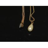 A 9K GOLD AND PEARL PENDANT ON CHAIN TOGETHER WITH A ROSE GOLD EXAMPLE STAMPED 375