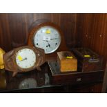 A NAPOLEON HAT MANTLE CLOCK, CARVED OAK MANTLE CLOCK, BOXES ETC