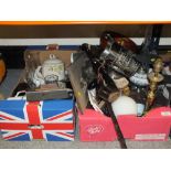 TWO TRAYS OF ASSORTED SUNDRIES TO INCLUDE AN IRISH HUNTING CLUB, SILVER PLATED BOTTLE HOLDER ETC.