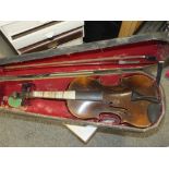 AN ANTIQUE TWO PIECE BACK VIOLIN WITH HARDWOOD CASE