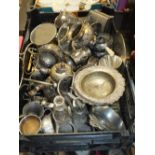 A TRAY OF SILVER PLATED METALWARE TO INCLUDE AN EASTERN STYLE PART TEA SERVICE ETC