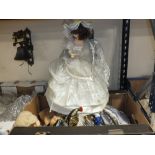 A TRAY OF DOLLS ETC. TO INCLUDE A VINTAGE MUSICAL EXAMPLE