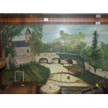 A LARGE UNFRAMED OIL ON BOARD DEPICTING A BRIDGE BESIDE A CHURCH INDISTINCTLY SIGNED LOWER LEFT