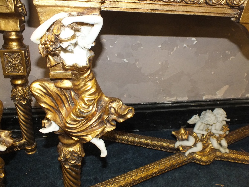 A HUGE GILT MARBLE TOPPED CONSOLE TABLE WITH MIRROR, DECORATED WITH FIGURATIVE CHERUBIC DETAIL - H - Image 3 of 4
