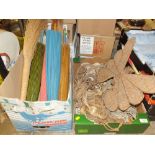A BOX OF EASTERN STYLE PARASOLS, NETTING, BUTTERFLY TRAP ETC