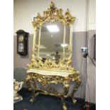 A LARGE GILTWOOD MARBLE TOPPED CONSOLE TABLE WITH MIRROR - OVERALL H 276 CM, W 160 CM
