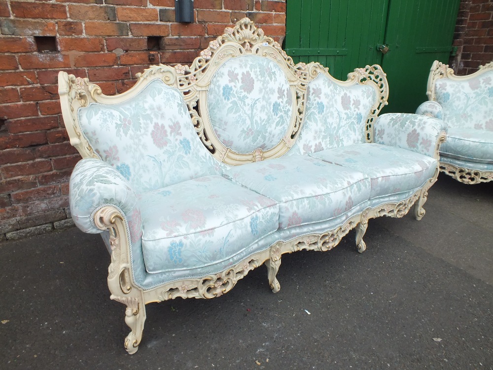 A LARGE PAIR OF ITALIAN CREAM PAINTED ROCOCO TYPE SOFAS WITH LIGHT BLUE SILK UPHOLSTERY - W 230 - Image 3 of 4