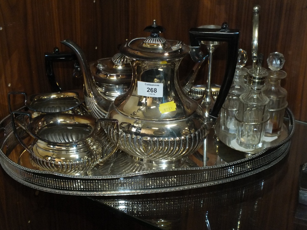 A SILVER PLATED TEA SERVICE, SERVING TRAY ETC