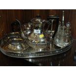 A SILVER PLATED TEA SERVICE, SERVING TRAY ETC