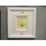 A WHITE FRAMED MINIATURE OIL ON BOARD OF A SHIPS AT SEA IN THE SUNSET SIGNED HALLARD - SEE VERSO