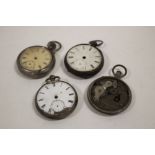 FOUR VINTAGE POCKET WATCHES A/F TO INCLUDE SILVER EXAMPLES