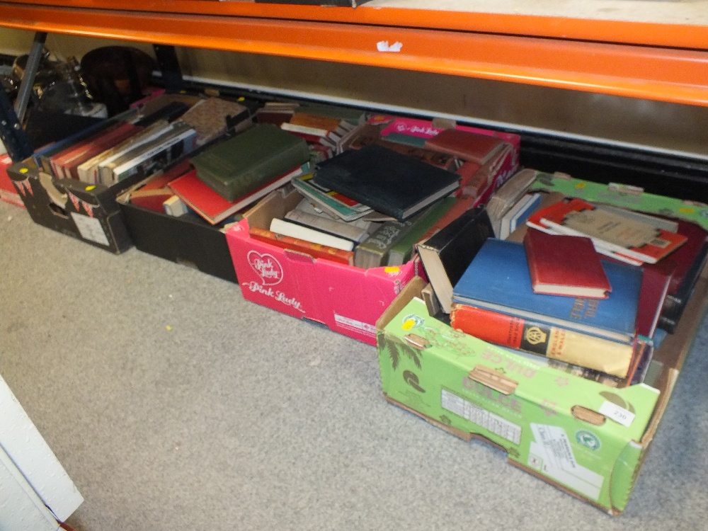 FOUR TRAYS OF ASSORTED VINTAGE BOOKS ETC. TO INCLUDE O/S MAPS, AA BOOK ETC.