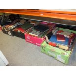 FOUR TRAYS OF ASSORTED VINTAGE BOOKS ETC. TO INCLUDE O/S MAPS, AA BOOK ETC.