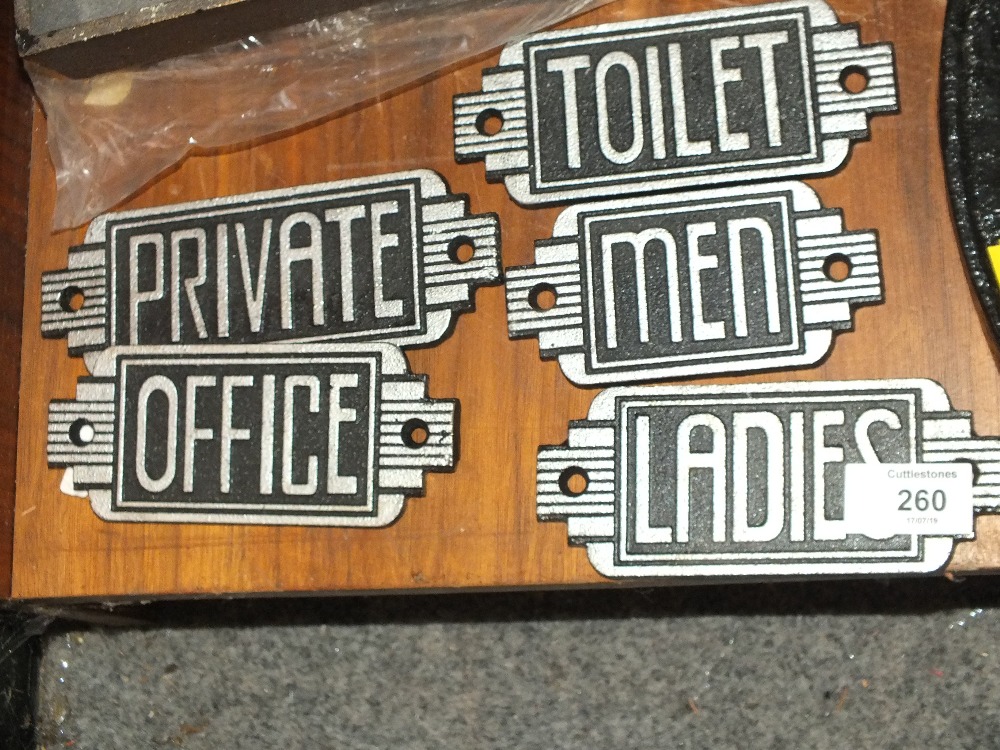 ***FIVE MODERN DECO STYLE CAST METAL SIGNS