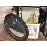 A CRAVED FRAMED OVAL MIRROR, PICTURE OF A LABRADOR ETC