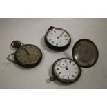 TWO ANTIQUE SILVER OPEN FACE POCKET WATCHES TOGETHER WITH A HALLMARKED SILVER FULL HUNTER A/F