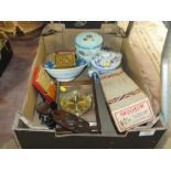 A TRAY OF ASSORTED ITEMS TO INCLUDE A BOXED SKOOKUM BULLY GOOD GREAT INDIAN CHARACTER DOLL, ORIENTAL