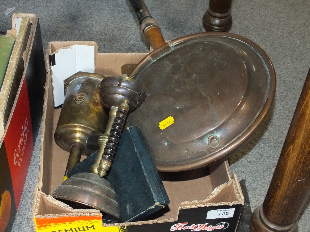 A SMALL TRAY OF METALWARE TO INCLUDE A PAIR OF UNUSUAL HANDLED CANDLESTICKS, MEAT JACK ETC.