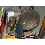 A SMALL TRAY OF METALWARE TO INCLUDE A PAIR OF UNUSUAL HANDLED CANDLESTICKS, MEAT JACK ETC.