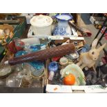 TWO TRAYS OF ASSORTED CERAMICS AND FIGURES TOGETHER WITH A BOX OF GLASSWARE