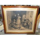 A LARGE ANTIQUE ENGRAVING ENTITLED 'BOLTON ABBEY IN THE OLDEN TIME' IN MAPLE FRAME