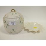 A BELLEEK LIDDED CRACKER BARREL TOGETHER WITH A DISH