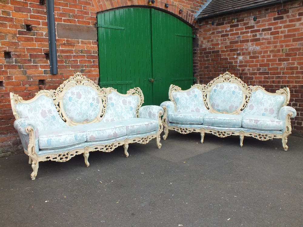 A LARGE PAIR OF ITALIAN CREAM PAINTED ROCOCO TYPE SOFAS WITH LIGHT BLUE SILK UPHOLSTERY - W 230 - Image 2 of 4