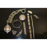 A BAG OF HALLMARKED SILVER AND WHITE METAL ITEMS TO INCLUDE A LARGE WATCH FOB ON CHAIN, NAPKIN