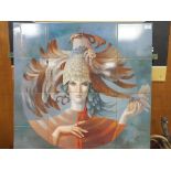 A LARGE PRINTED TILE DISPLAY DEPICTING A WOMAN IN HEADDRESS A/F