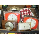 A TRAY OF RETRO CLOCKS ETC TO INCLUDE SMITHS EXAMPLES A/F