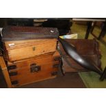 A VINTAGE WOODEN CHEST, TOGETHER WITH A WRITING SLOPE A/F, VINTAGE ABACUS ETC