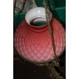 A VICTORIAN HANGING OIL LAMP, with Satin Cranberry glass shade