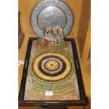 A CARVED SOAPSTONE FIGURE TOGETHER WITH A WHITE METAL TRAY AND TRAY WITH BUTTERFLY WING DECORATION